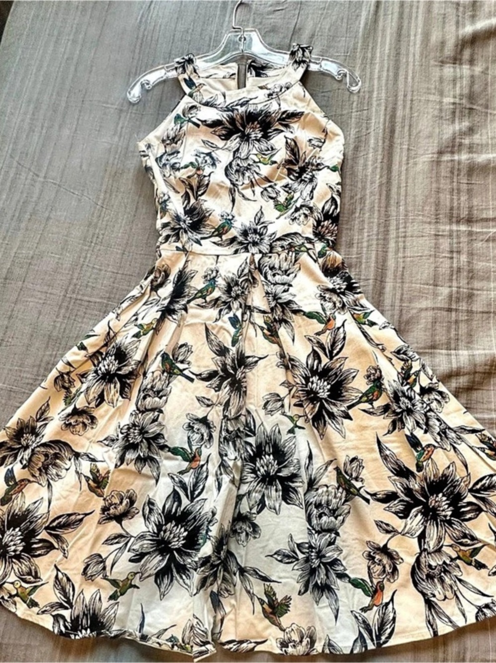 C.B. Established 1962  Floral  and Bird Sleeveless Midi Dress in Cream & Black